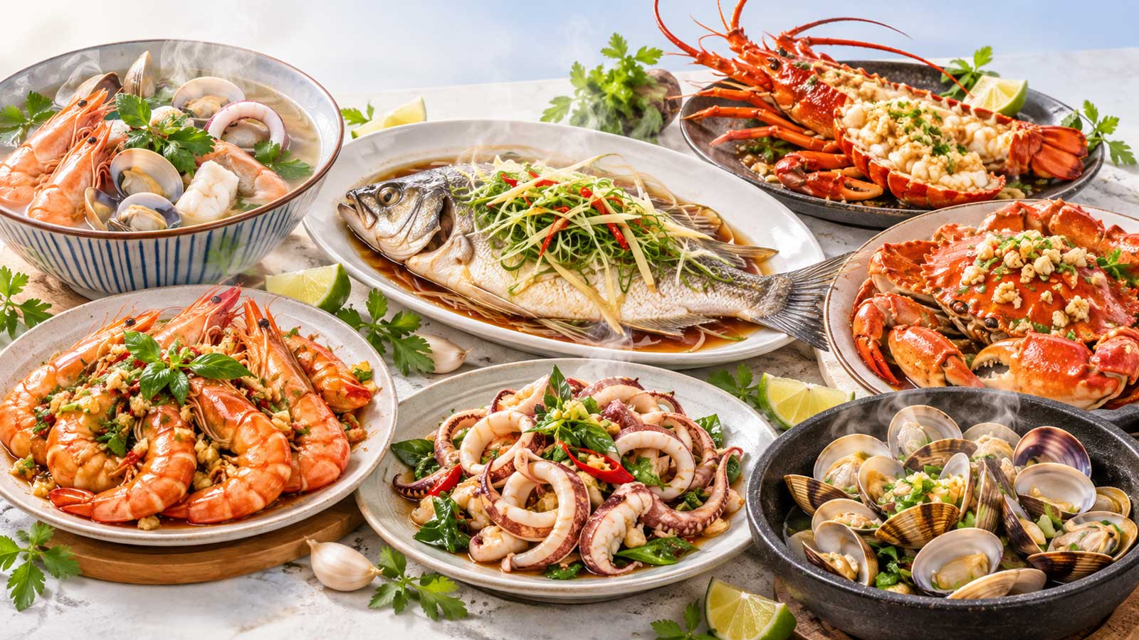 魚、蝦、蟹、貝類與多道完成海鮮料理