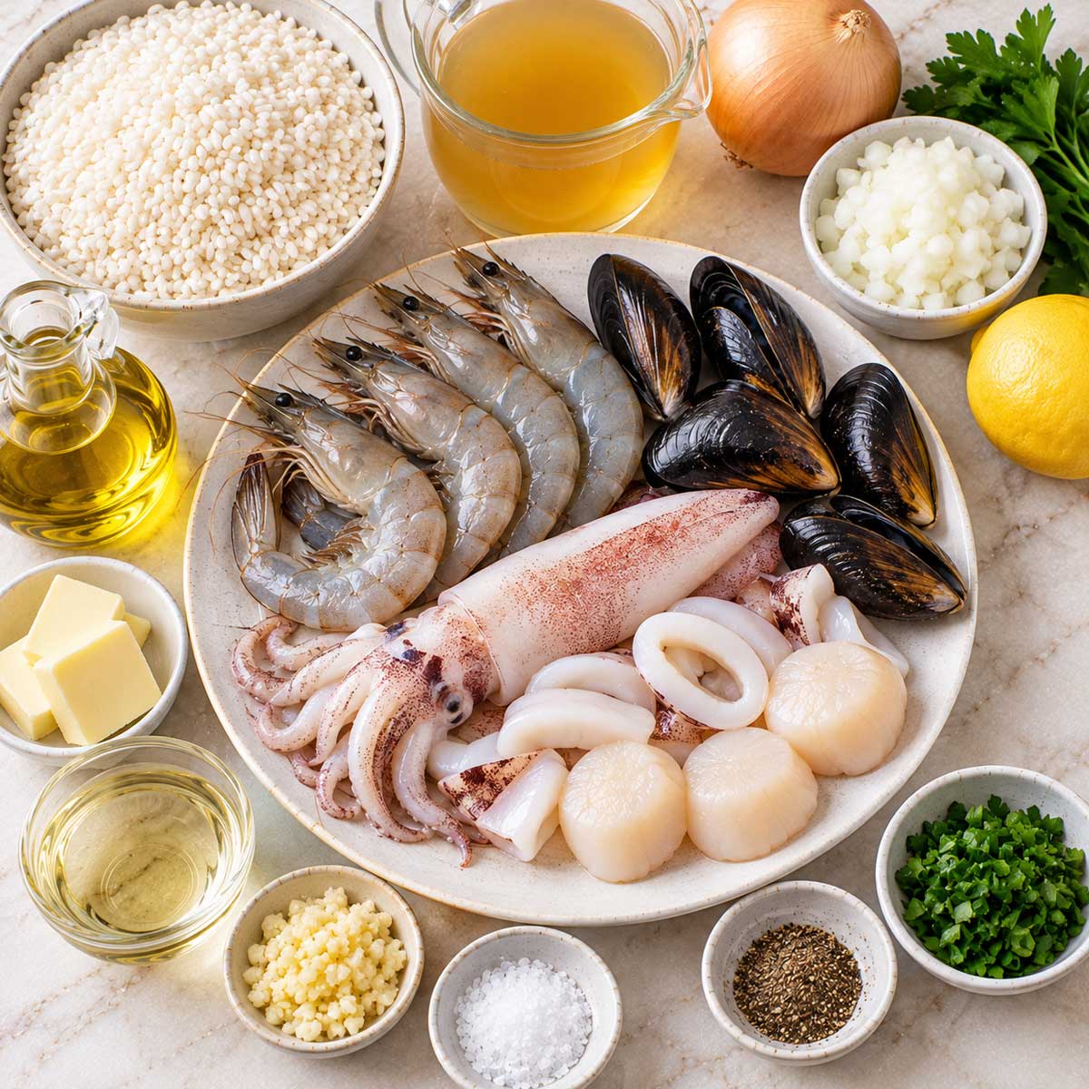 海鮮燉飯材料:米、蝦仁、蛤蜊、魷魚、洋蔥與高湯