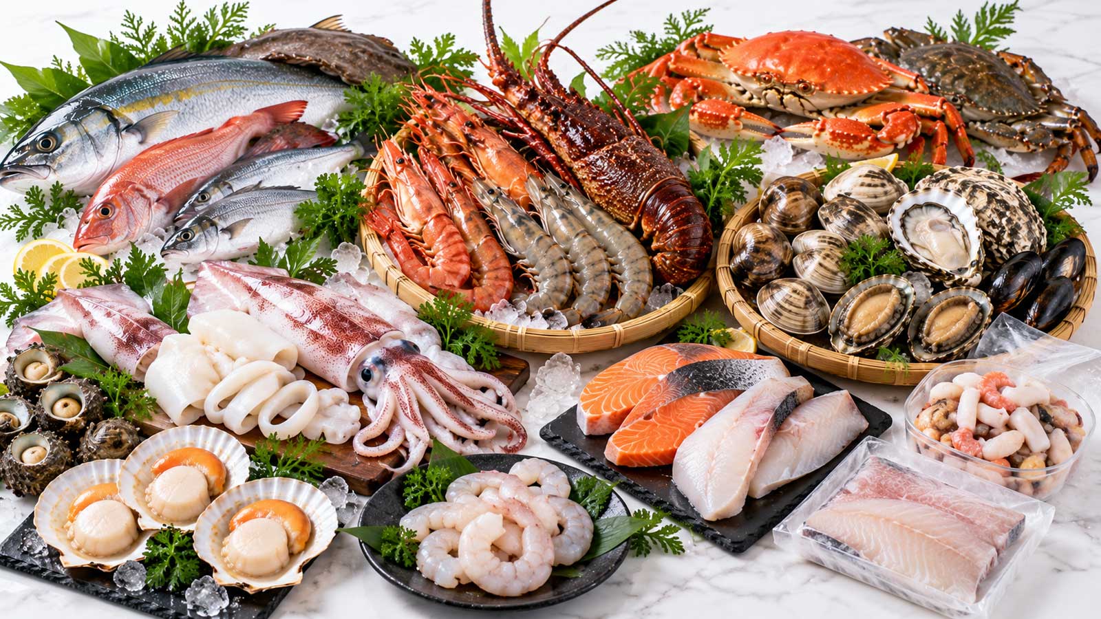 常見海鮮食材總覽，包含魚類、蝦類、龍蝦、蟹類、貝類與魷魚