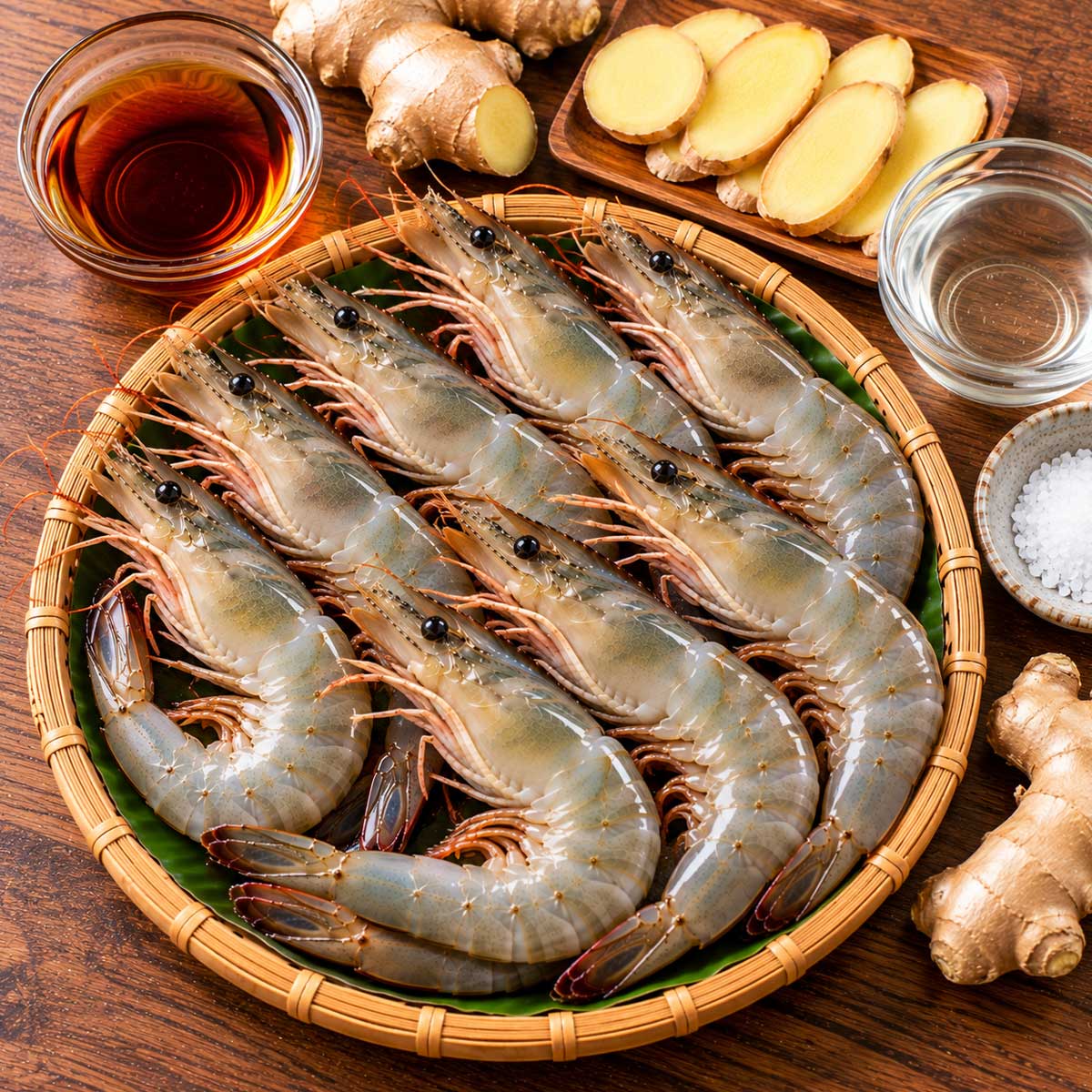 麻油蝦材料包含鮮蝦、薑片、黑麻油與米酒