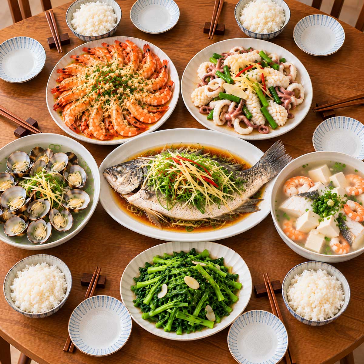 六人海鮮餐桌有清蒸魚、蒜香蝦、炒花枝、蛤蜊、魚蝦豆腐湯、青菜與白飯