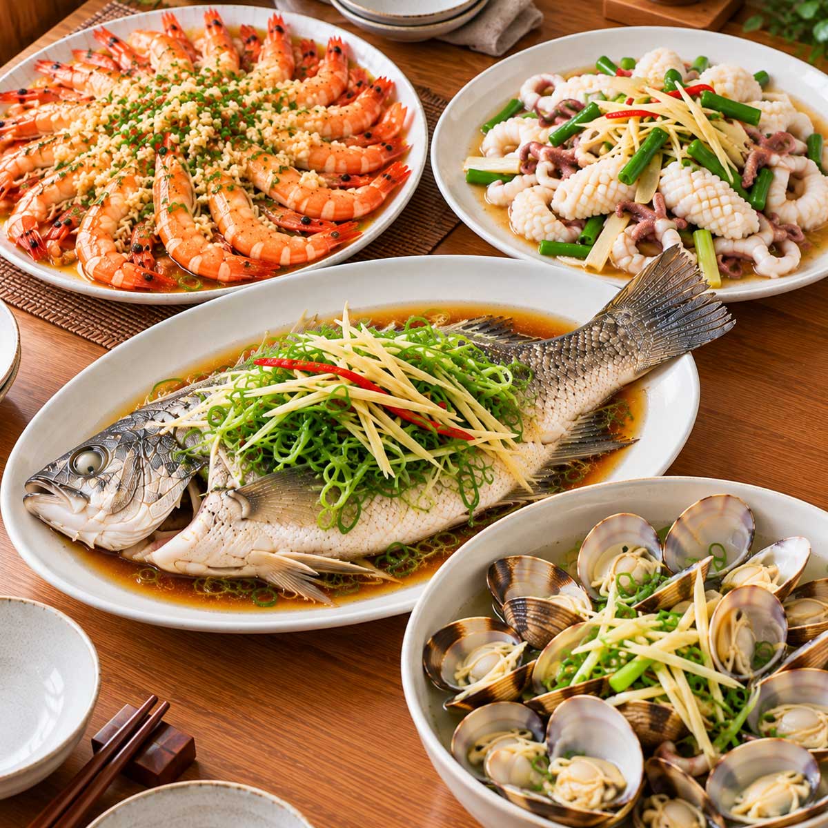 六人海鮮料理主菜有清蒸魚、蒜香蝦、炒花枝與薑絲蛤蜊
