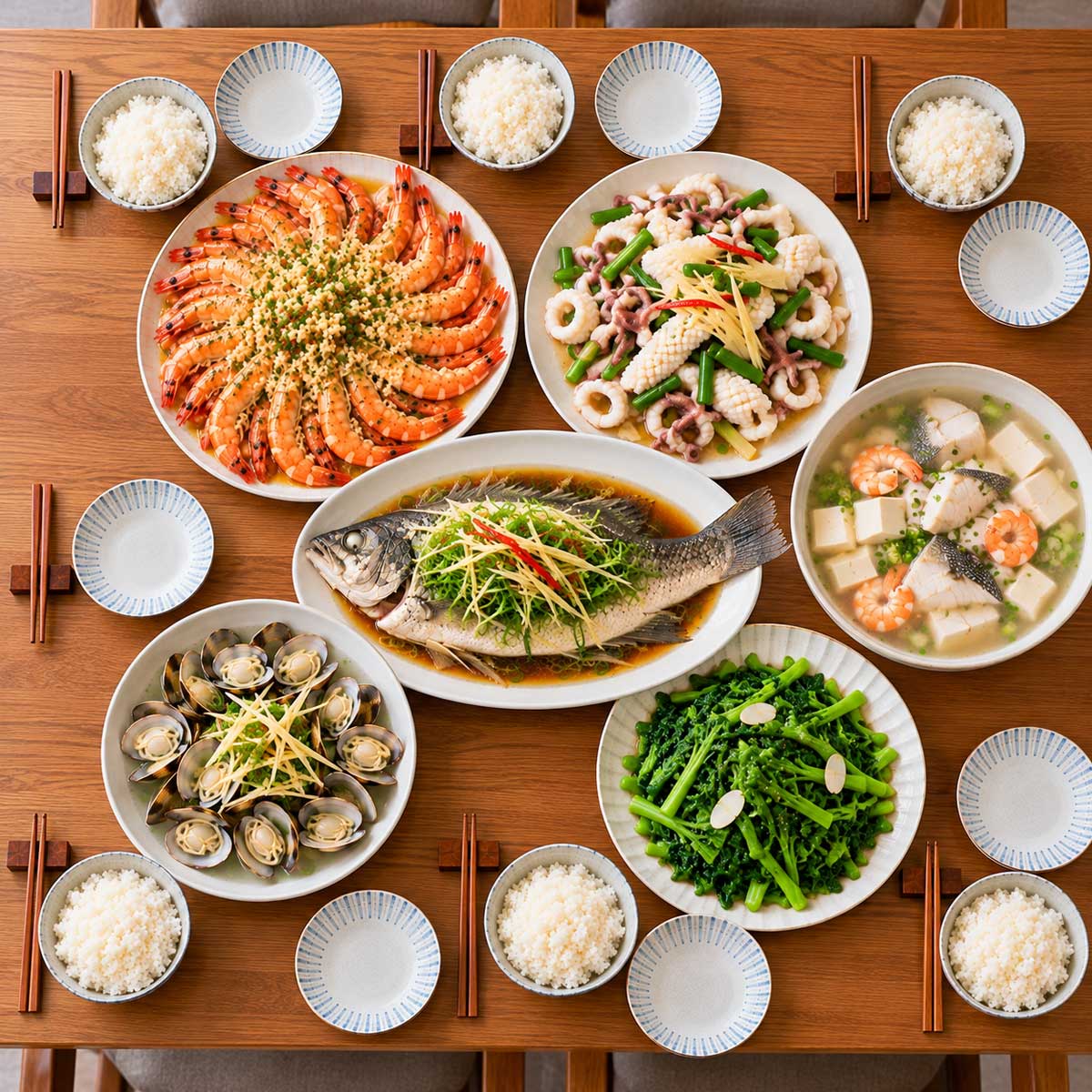 清蒸魚、蒜香蝦、九層塔炒蛤蜊、炒花枝、湯與青菜的餐桌示意圖