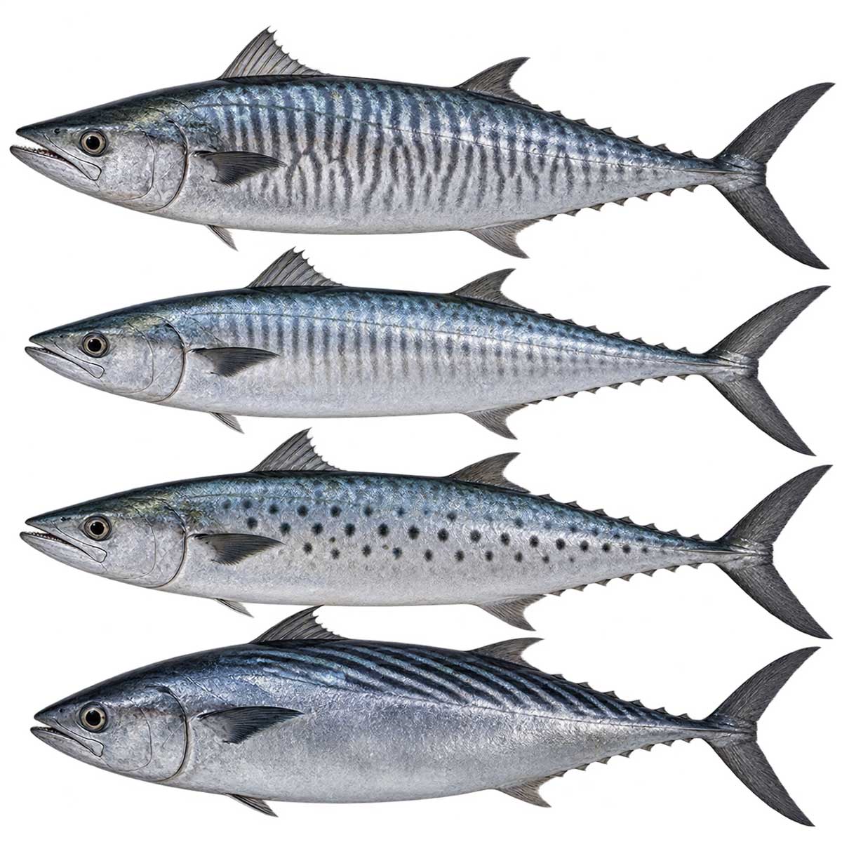 多種鰆魚完整魚體展示，用於介紹土魠魚、馬加魚、白北與西齒差異