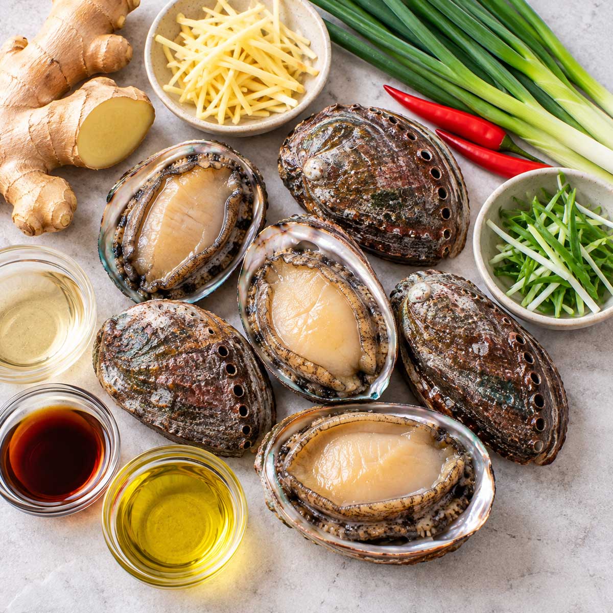清蒸鮑魚材料：鮑魚、薑、蔥、少量米酒與醬油