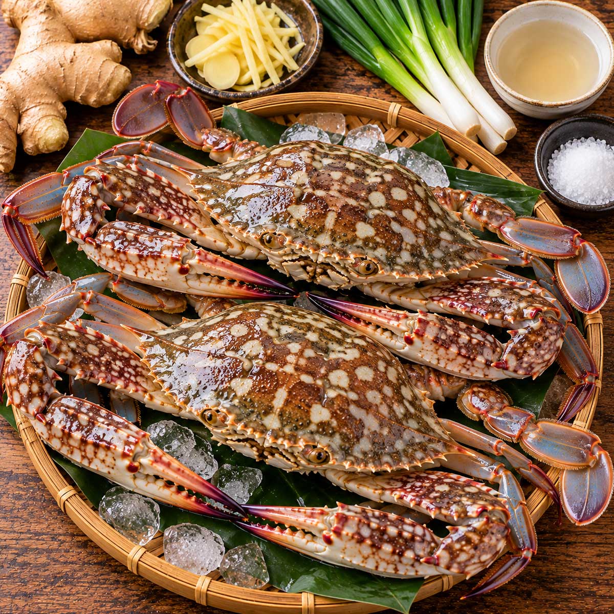 清蒸花蟹材料包含花蟹、薑片與薑醋沾醬
