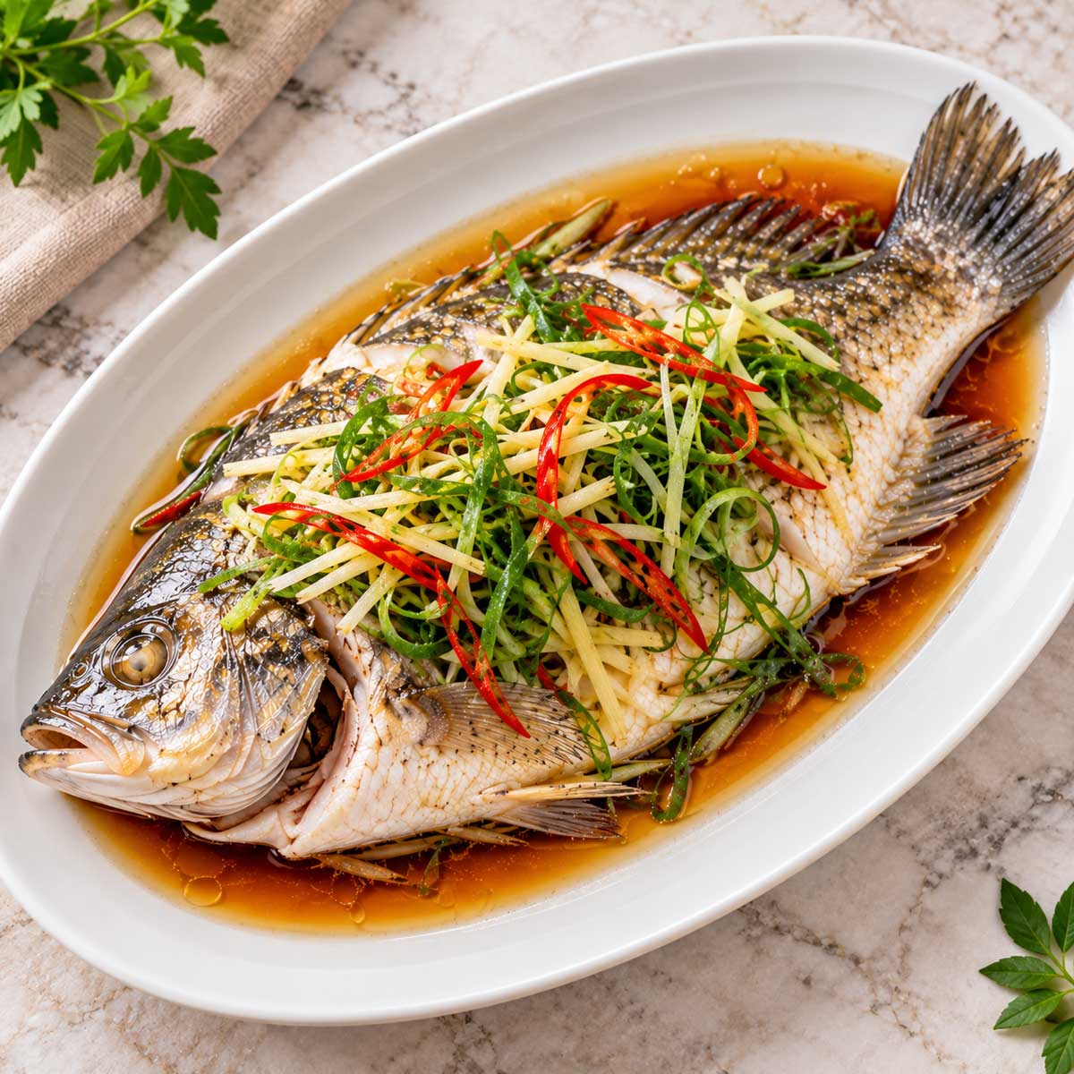 蔥薑鋪在整尾魚上的清蒸魚料理