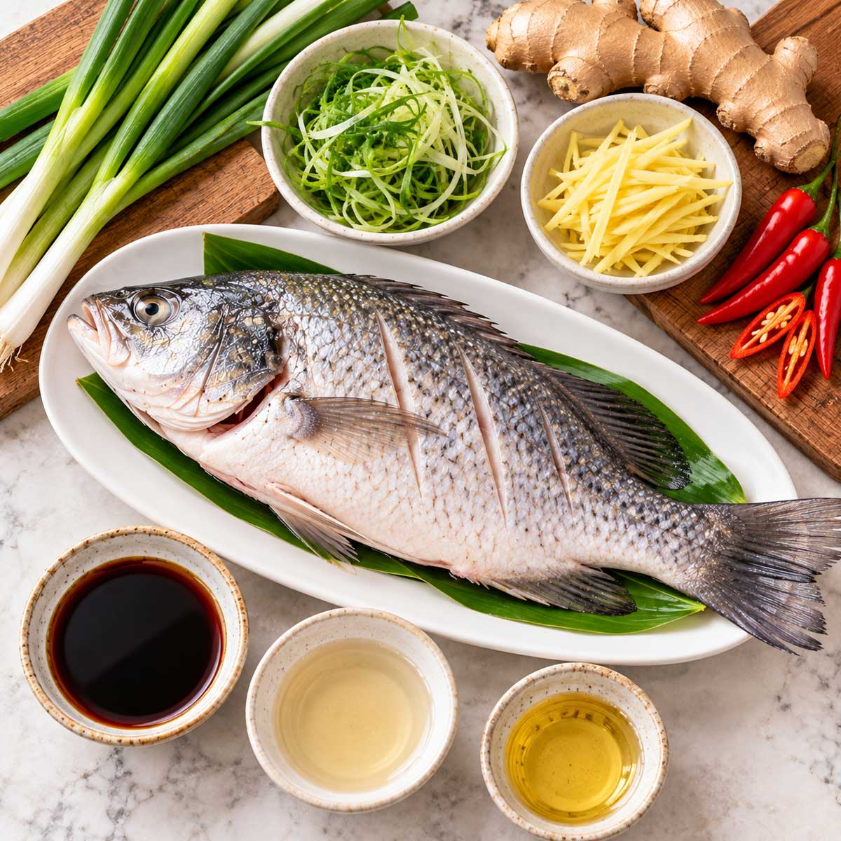 整尾鮮魚、青蔥、薑、辣椒、醬油與米酒等清蒸魚食材