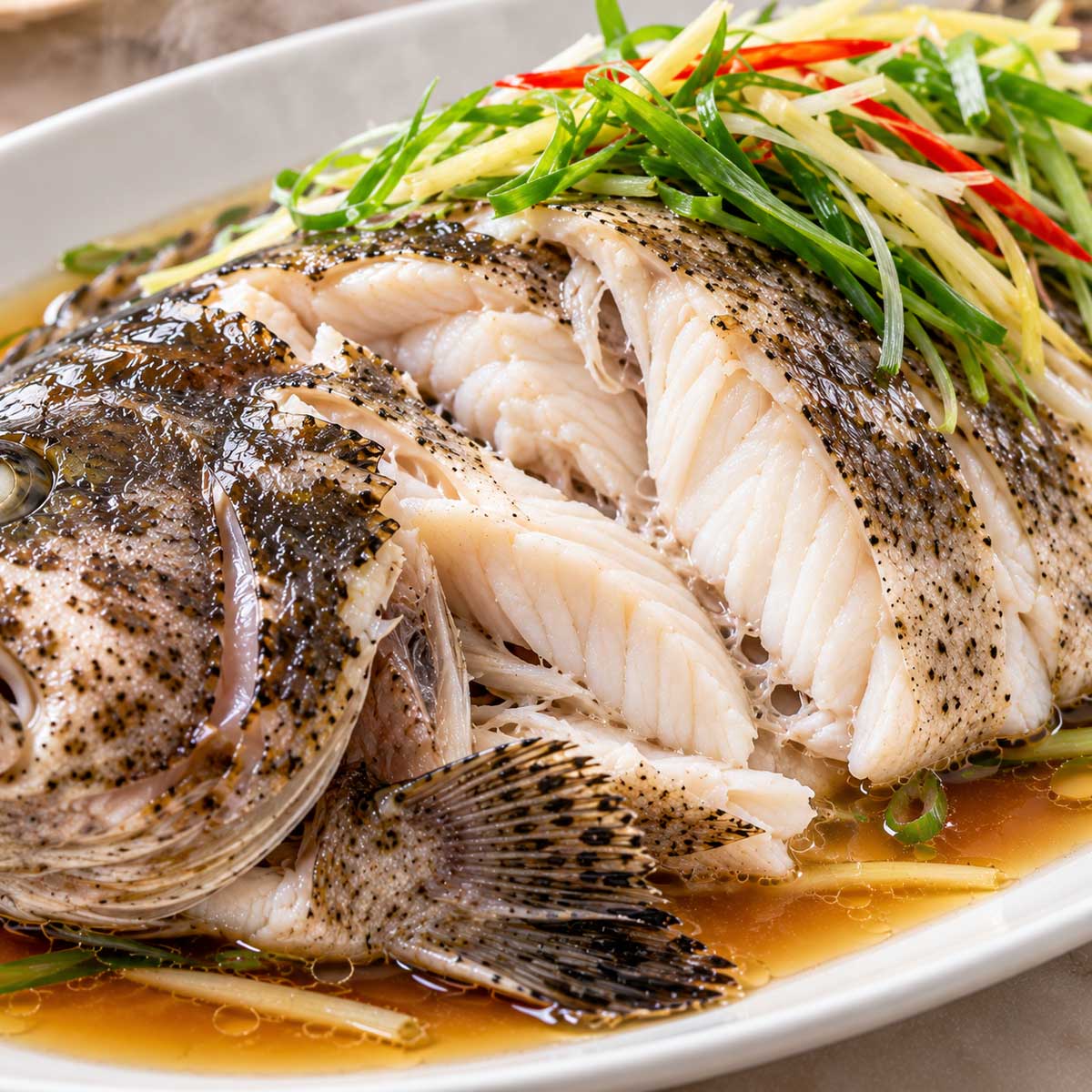 撥開清蒸石斑魚最厚處查看白色魚肉熟度