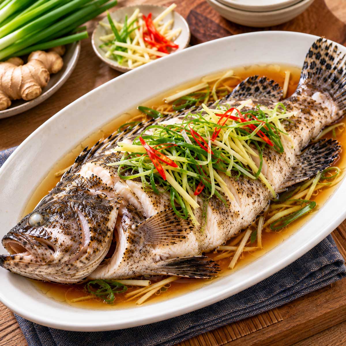 鋪有蔥薑辣椒絲的整尾清蒸石斑魚料理
