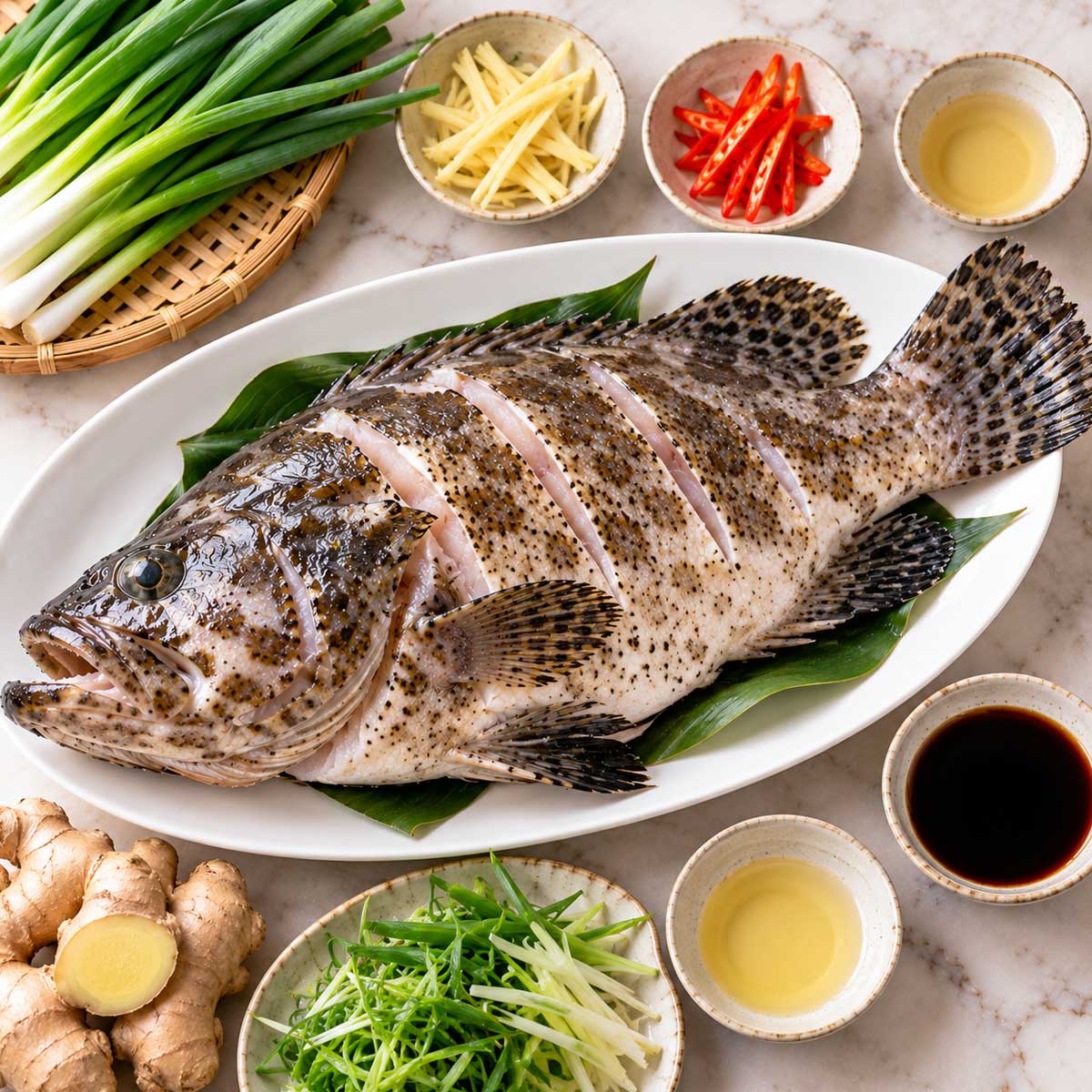 整尾石斑魚、青蔥、薑、辣椒、醬油與米酒等清蒸食材