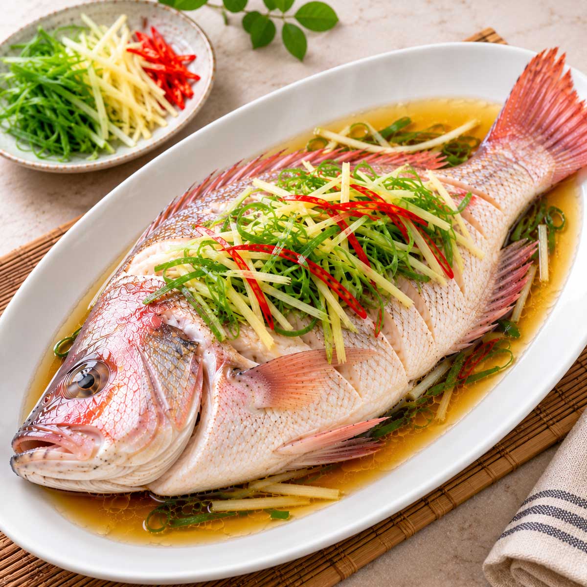 鋪有蔥薑辣椒絲的整尾清蒸鯛魚料理