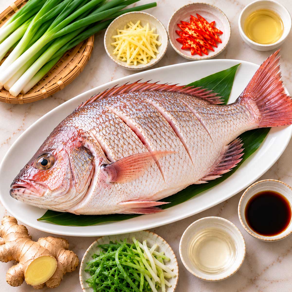 整尾鯛魚、青蔥、薑、辣椒、醬油與米酒等清蒸食材