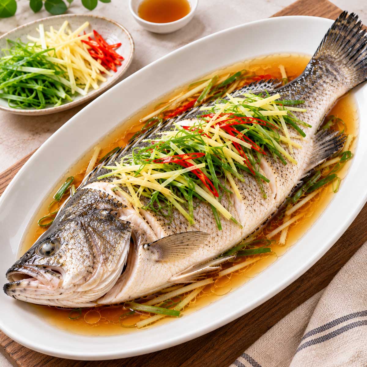 鋪有蔥薑辣椒絲的整尾清蒸鱸魚料理