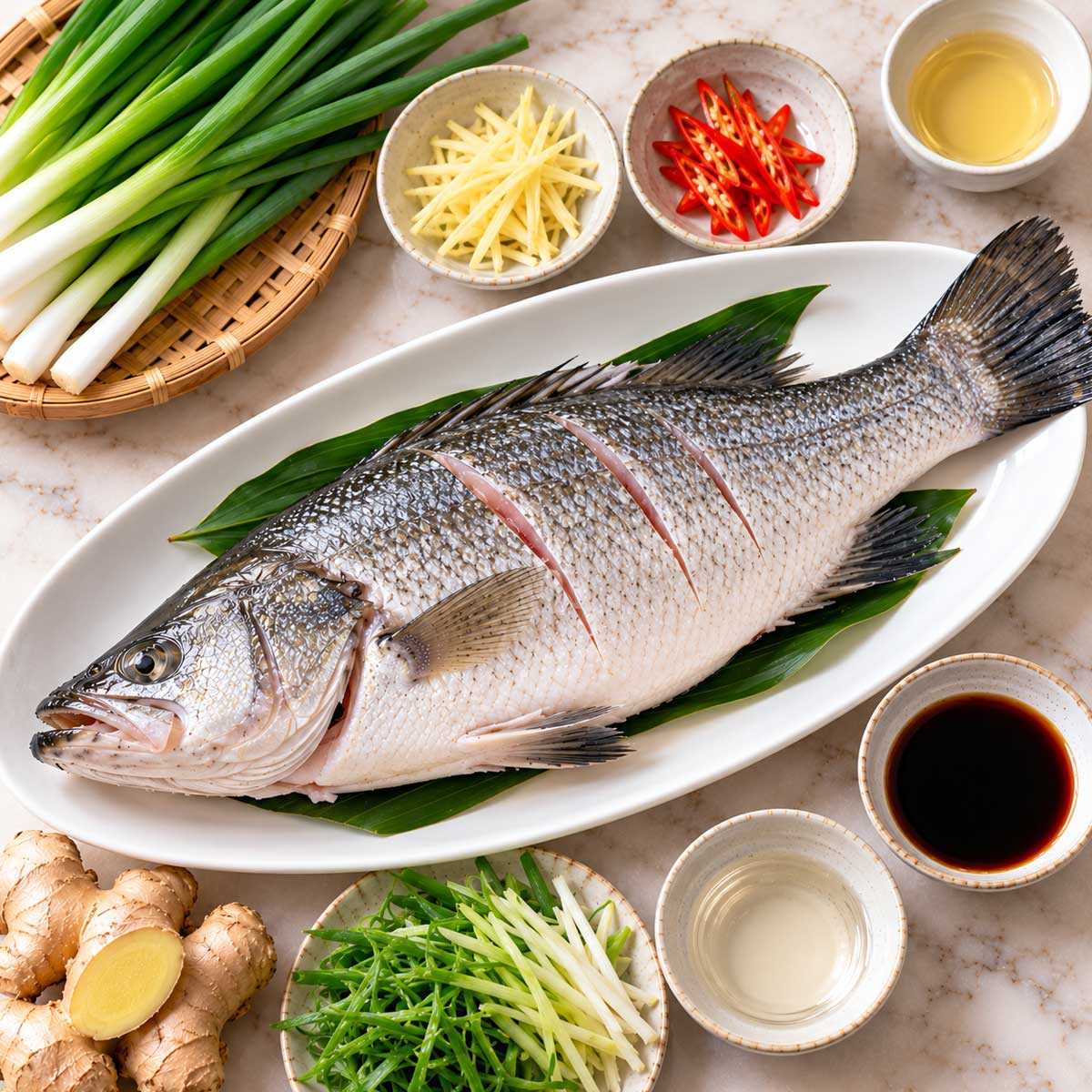 整尾鱸魚、青蔥、薑、辣椒、醬油與米酒等清蒸食材