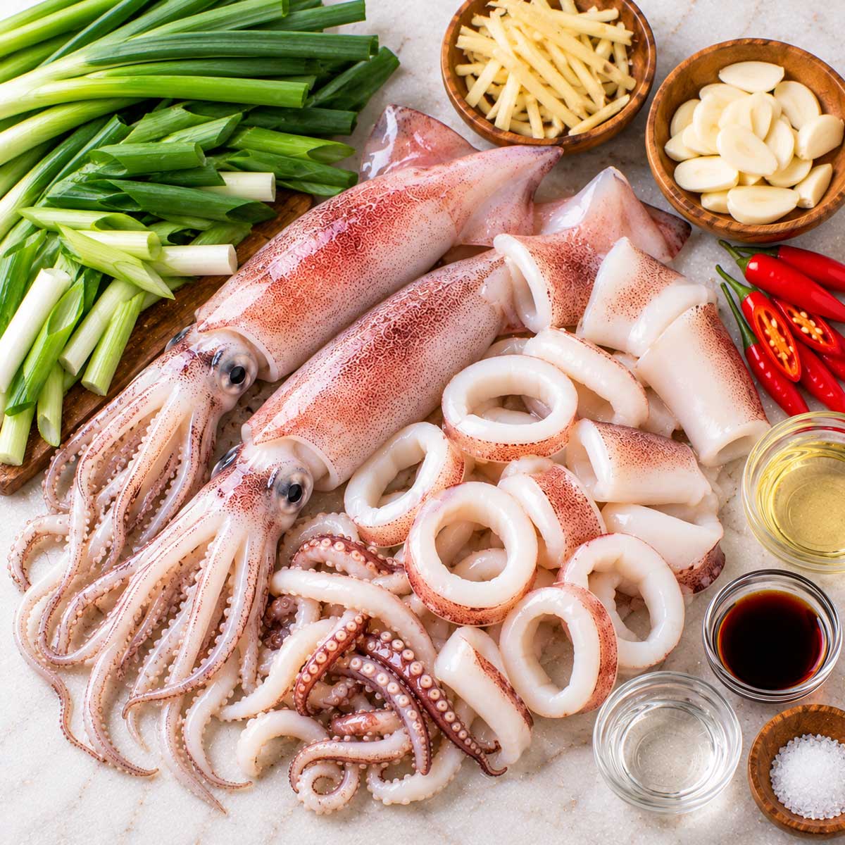 炒中卷食材：中卷、薑、蒜、蔥與基本調味料