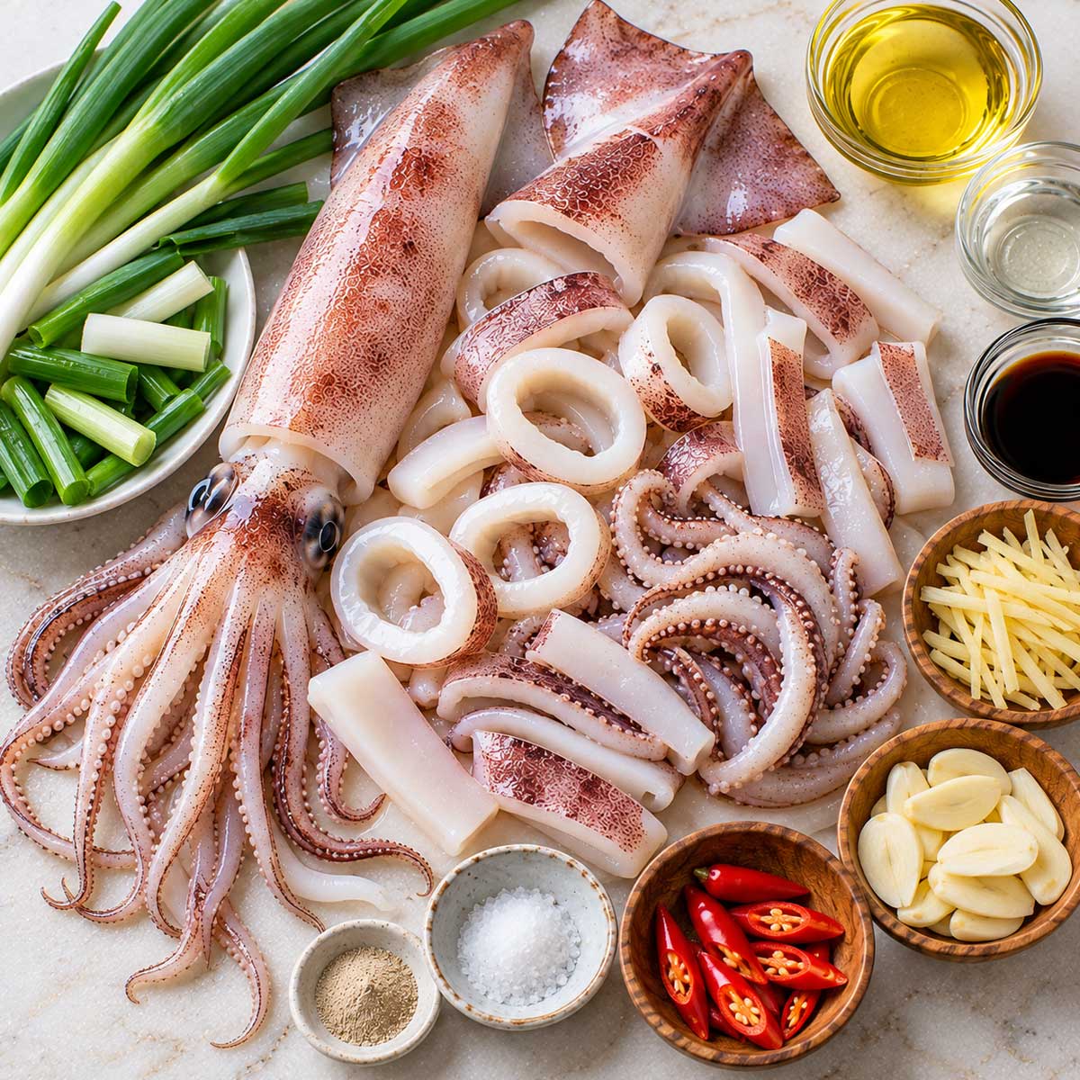 炒魷魚食材：鮮魷魚、芹菜、薑、蒜與調味料