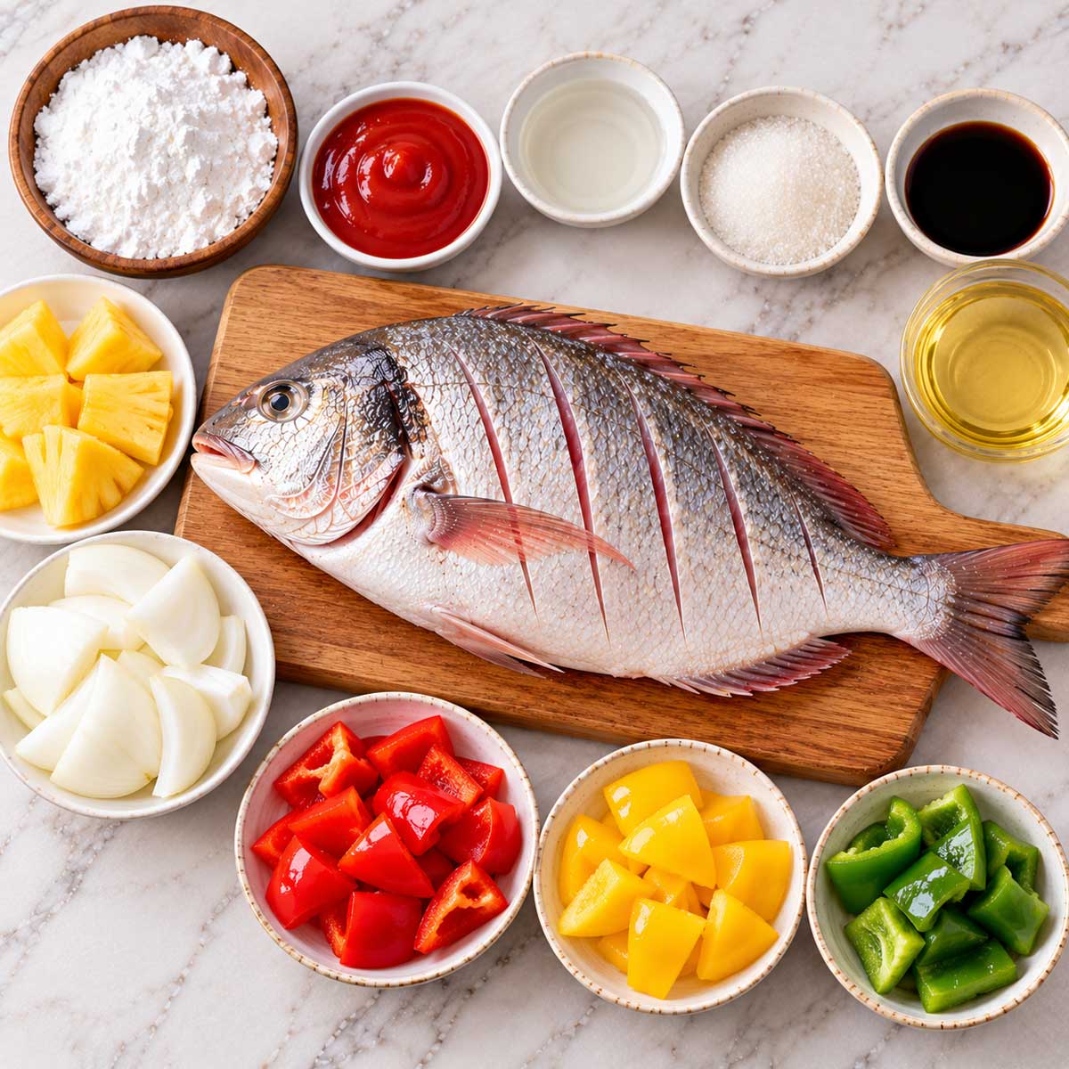 鮮魚、番茄醬、白醋、糖、彩椒、洋蔥與鳳梨等糖醋魚食材