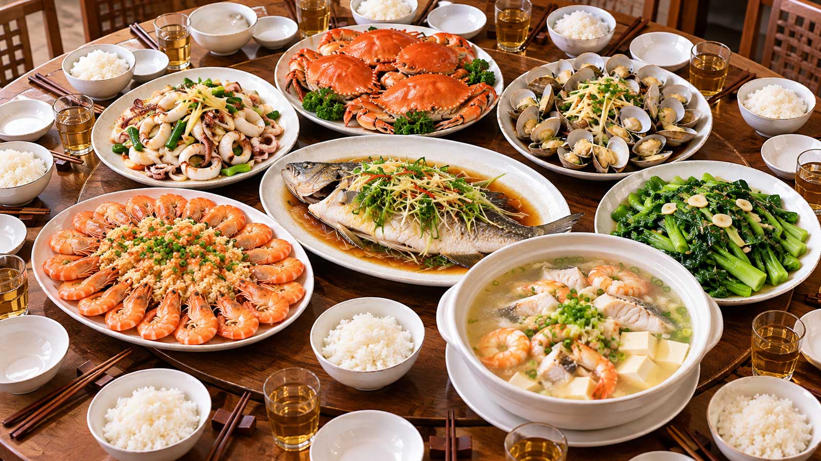 十人海鮮聚餐有清蒸魚、蒜香蝦、清蒸蟹、炒花枝、蛤蜊、魚蝦豆腐湯、青菜與白飯