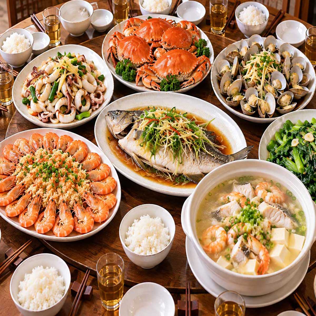 清蒸魚、蒸蟹、蒜香蝦、炒花枝、蒸扇貝、海鮮湯的餐桌示意圖