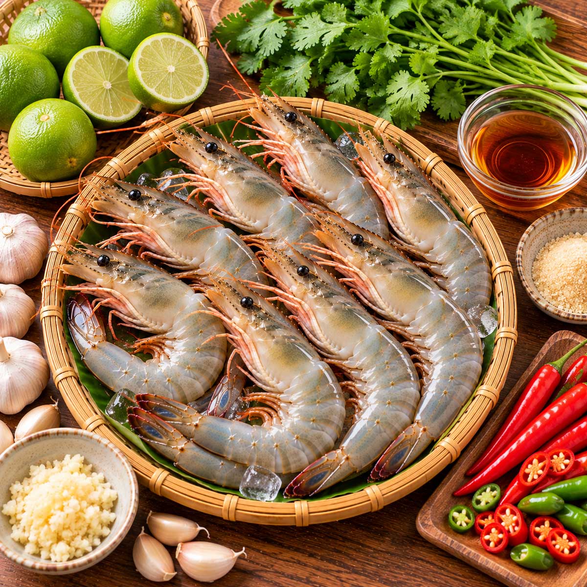 泰式檸檬蝦材料有整尾鮮蝦、檸檬、魚露、蒜與辣椒