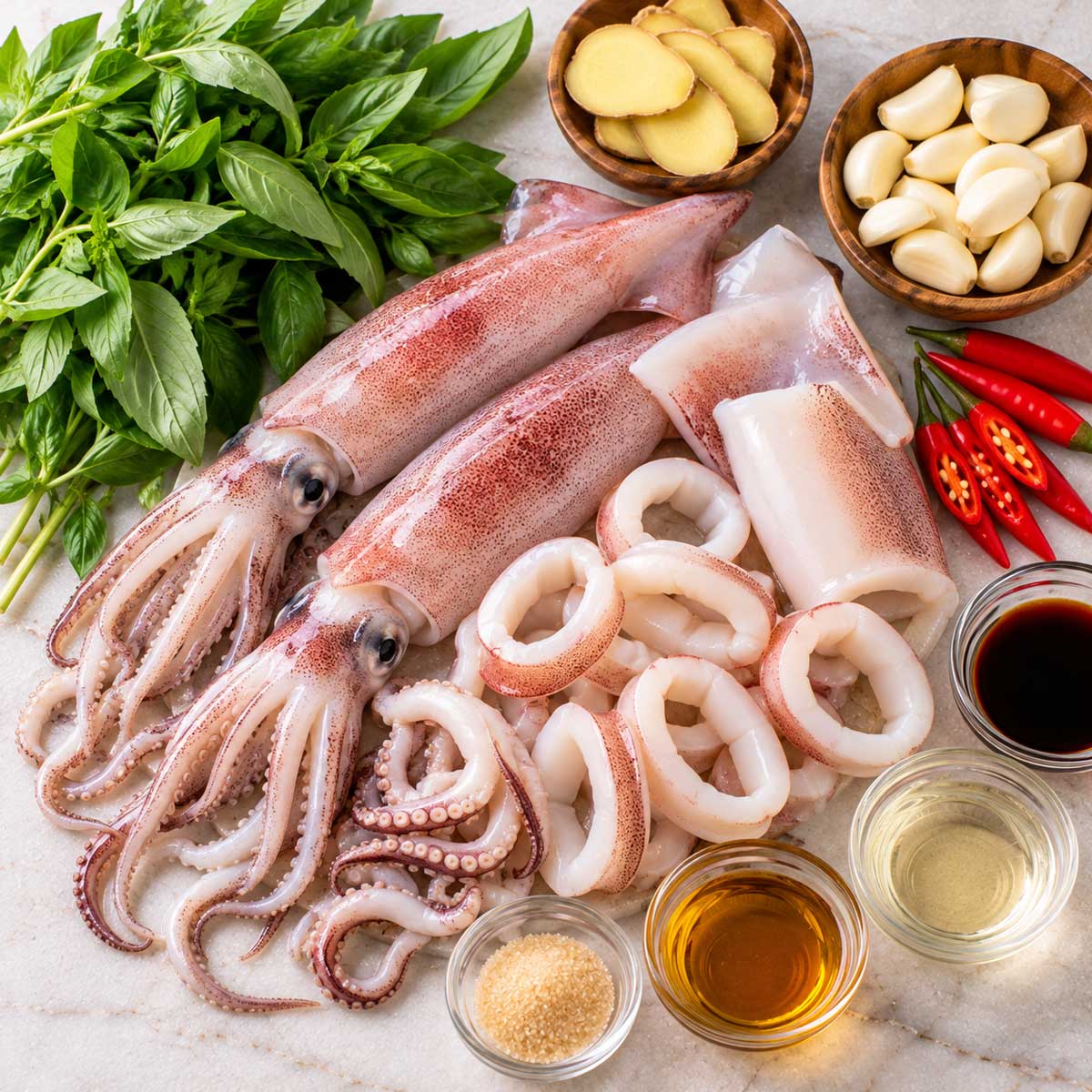 三杯中卷食材:中卷、薑、蒜、九層塔、麻油、醬油與米酒