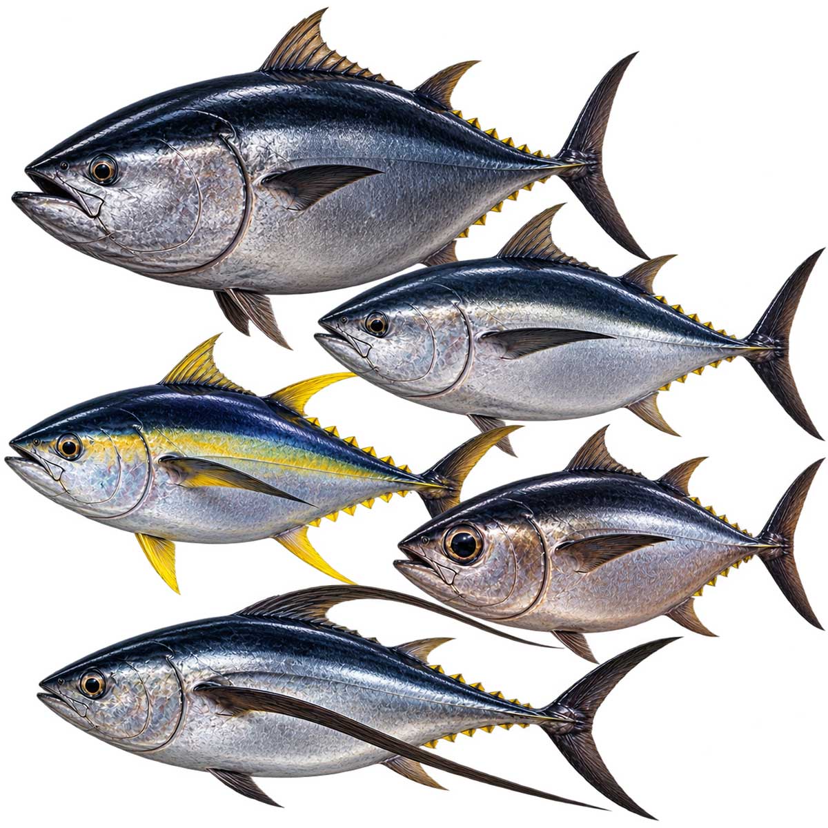 多種鮪魚完整魚體展示，用於介紹鮪魚種類與品種差異